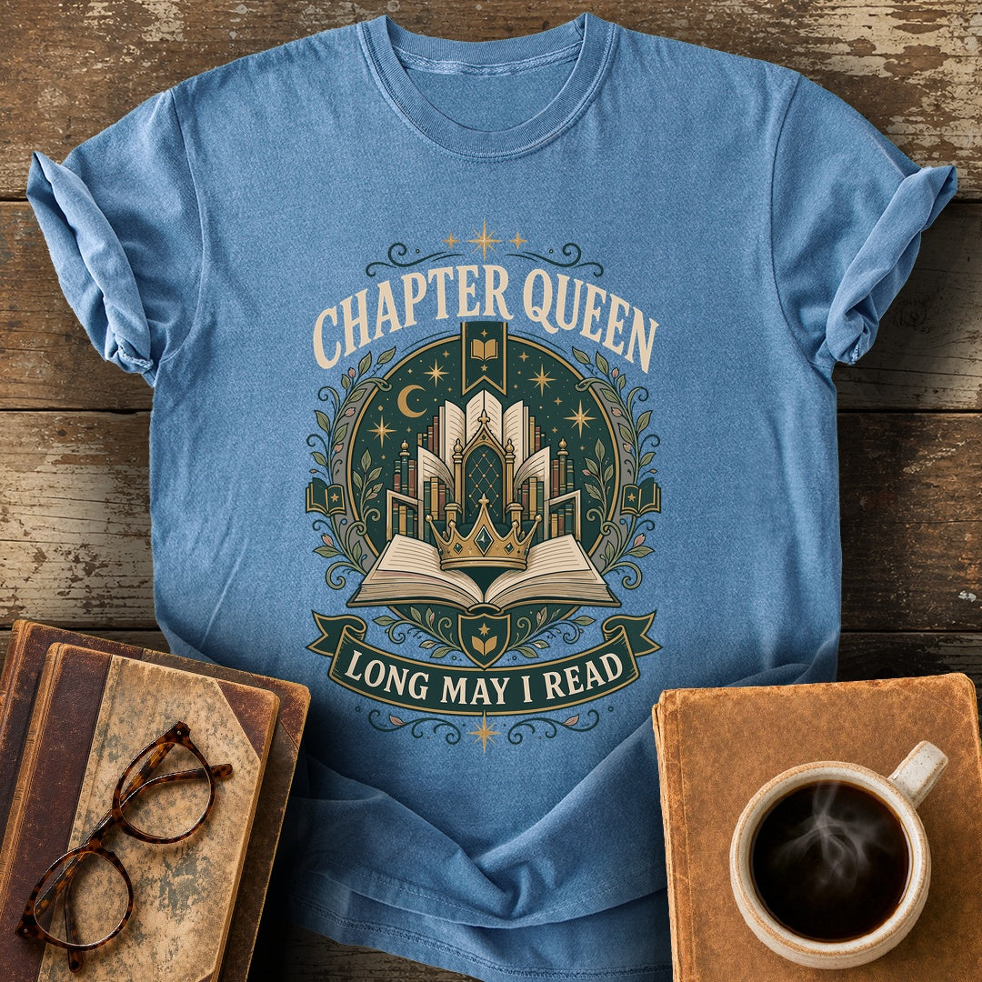 Chapter Queen Long May I Read Tee - blue jean shirt mockup